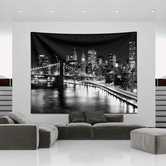 Black White Brooklyn Bridge New York Skyline Cityscape Skyscraper Tapestry Decor - Picture 3 of 6